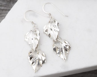 Sterling Silver Layered Leaf Dangle Earrings, Sterling Leaf Earrings, Sterling Leaf Earrings, Diamond Cut Leaf Earrings, Leaf Jewelry