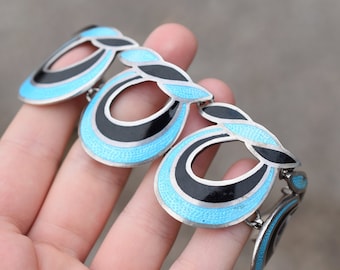 AS IS Rare Sterling Silver Signed Margo De Taxco Blue and Black Enamel Bracelet, Margo de Taxco Jewelry, Signed Taxco Enamel Bracelet