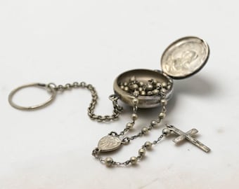 Vintage Duitse zilveren zakrozenkrans | Miniatuur reisrozenkrans met etui voor het Heilig Hart | Vingerrozenkrans | Antieke katholieke devotionele rozenkrans