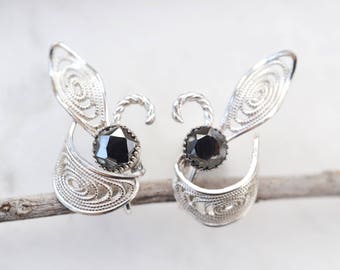 Sterling Silver Hematite Screw Back Earrings, Sterling Filigree Earrings, Faceted Hematite, Hematite Jewelry, Sterling Filigree Jewelry