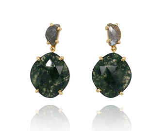 Sterling Silber 14k Gold Overlay Moos Achat und Labradorit, 925 Labradorit Schmuck, Sterling Achat Ohrringe, Gelbgold Achat Ohrringe