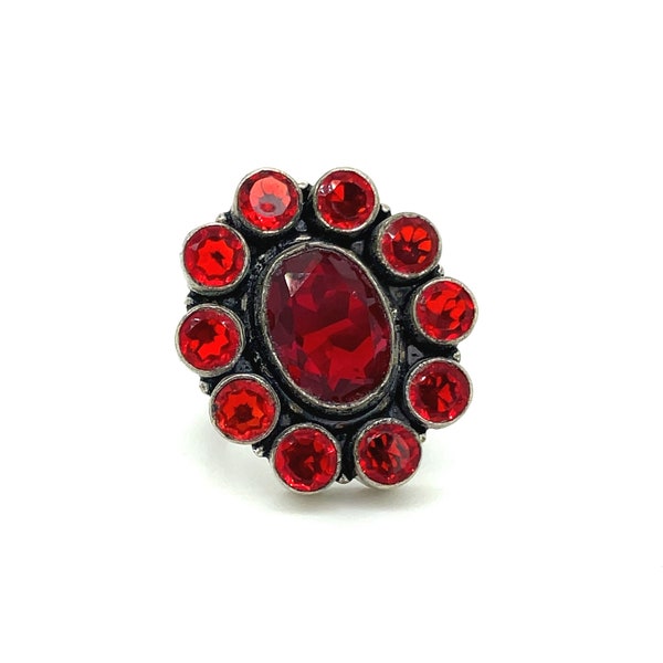 Sterling Silver Red Glass Gemstone Cocktail Ring, Red Ring, Gemstone Cluster Ring, Red Gemstone Ring, Big Gemstone Ring