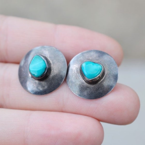 Sterling Silver Turquoise Circle Earrings, Sterling Turquoise Jewelry, Antique Sterling Round Turquoise Earrings, Turquoise Inlay Disk