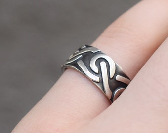 Anillo de la banda del patrón tribal de la plata esterlina, anillo de la banda patrón abstracto, anillo con patrón de plata esterlina, anillo de la banda del taxco de plata esterlina
