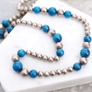 Sterling Silver 24 inch Blue and Silver Beaded Necklace, Sterling Gemstone Beaded Chain, Sterling Silver Beads, Blue Gemstone Beads