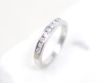 18k White Gold Channel Set Diamond Ring, White Gold Diamond Wedding Band, Half Round Diamond Eternity Band, White Gold Diamond Stack Ring