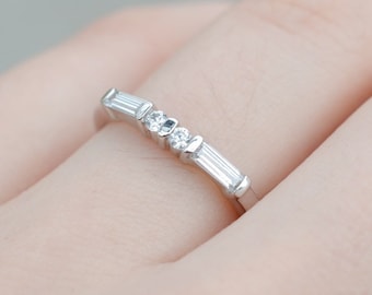 10k White Gold CZ Enhancer Band, 10k CZ Wedding Band, 10k CZ Baguette Ring, Cubic Zirconia Half Eternity Band, White Gold Art Deco Band