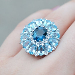 Blue Topaz Statement Ring, Sterling Topaz Cocktail Ring, Swiss Blue Topaz, Sterling Blue Gemstone Cluster Ring, Blue Topaz Jewelry