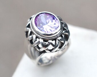 Diseñador de libras esterlinas EXEX púrpura CZ anillo gema joyería diseñador anillo de ley anillo ovalado piedra preciosa grande cubículo zirconia anillo de lavanda