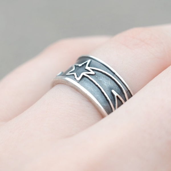 Sterling Silver Crescent Moon Shooting Star Band Ring, Sterling Celestial Ring, Sterling Silver Star Ring, Moon Jewelry, Shooting Star Ring