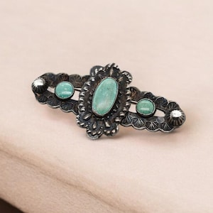 Sterling Silver Antique Green Turquoise Brooch, Sterling Navajo Turquoise Pin, Navajo Brooch, Old Pawn Sterling Silver Turquoise Brooch