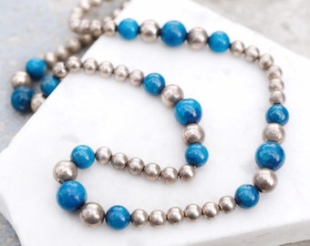 Sterling Silver 24 inch Blue and Silver Beaded Necklace, Sterling Gemstone Beaded Chain, Sterling Silver Beads, Blue Gemstone Beads