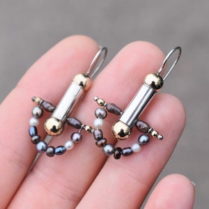 Unique Sterling Silver Modernist Pearl Dangle Earrings, Black Pearl Jewelry, Sterling Pearl, Modernist Sterling Earrings, Artisan Earrings