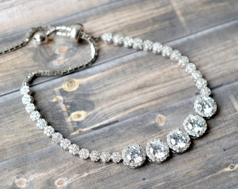 Pulsera de piedras preciosas de metal de plata de ley y diapositiva de tensión CZ