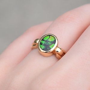 14k Yellow Gold Oval Mosaic Ammolite Ring, Ammolite Jewelry, 14k Gold Ammolite Ring, Green Gemstone Ring, 14k Mosaic Gemstone Ring