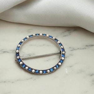 Antique  Sterling Silver Rhinestone and Seed Pearl Circle Pin, Sterling Circle Pin, Antique Sterling Brooch, Art Deco Sterling Scarf Pin