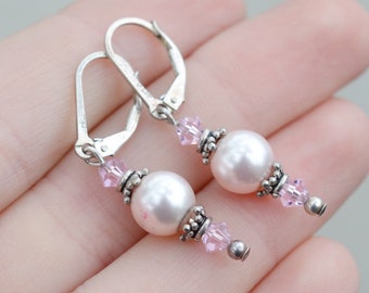 Sterling Silver Pearl and Crystal Bead Dangle Earrings, Sterling Silver Pearl Earrings, June Birthstone, Springtime Jewelry, Pink Earrings