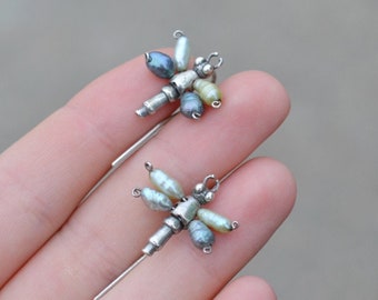 Artisan Sterling Colored Pearl Dragonfly Earrings, Sterling Dragonfly Earrings, Dragonfly Jewelry, Sterling Silver Rice Pearl Earrings