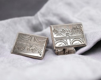 950 Sterling Silver Engraved Pagoda Cuff Links, Mens