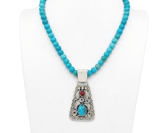 Justin Morris Sterling Turquoise & Coral Hanger Ketting | Jay King DRT 925 Turquoise Kralen | Zuidwestelijke Indiaanse Stijl