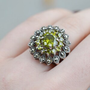 Sterling Silver Marcasite and Green CZ Statement Ring, Sterling Marcasite Ring, Marcasite Jewelry, Green CZ Jewelry, Green Gemstone Ring