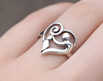Sterling Silver Mother's Love Heart Ring, Sterling Silver Mom and Child Ring, Sterling Heart Ring, Mom Gift, Sterling Silver Mom Ring