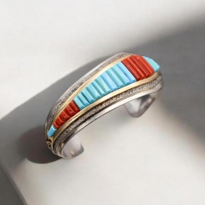 Rare Artisan HARRISON JIM Sterling Silver and 14k Yellow Gold Heavy Turquoise and Coral Inlay Cuff Bracelet, Old Pawn Turquoise Coral Cuff