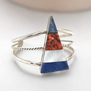 Sterling Silver and Gemstone Inlay Geometric Cuff Bracelet, Lapis Inlay Bracelet, Crushed Coral Bracelet, Red White and Blue Jewelry