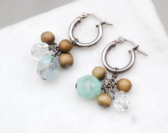 Sterling Silver Cryatal Beaded Dangle Hoop Earrings, Beaded Earrings, Wooden Hoop Earrings, Natural Beaded Jewelry, Beaded Boho Hoops