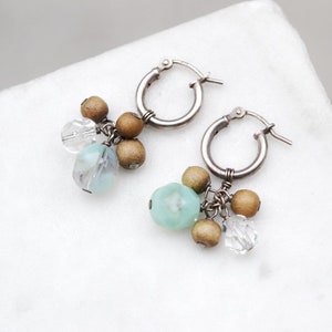 Sterling Silver Cryatal Beaded Dangle Hoop Earrings, Beaded Earrings, Wooden Hoop Earrings, Natural Beaded Jewelry, Beaded Boho Hoops
