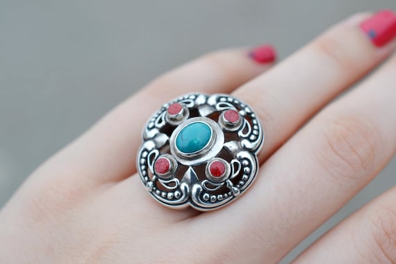 Sterling Silver Balinese Turquoise and Coral Stat… - image 1