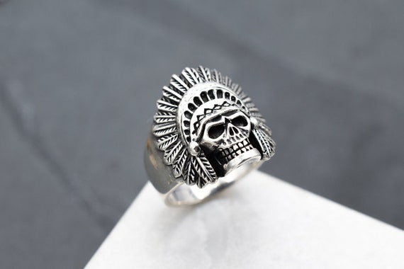 Sterling Silver Indian Chief Skull Biker Ring, Ste