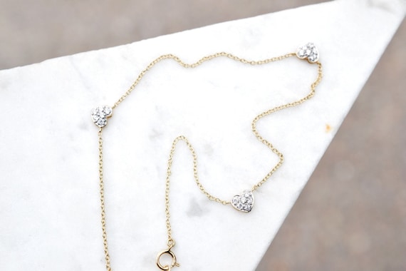 14k Yellow Gold CZ Heart Anklet, Gold Anklet, Deli