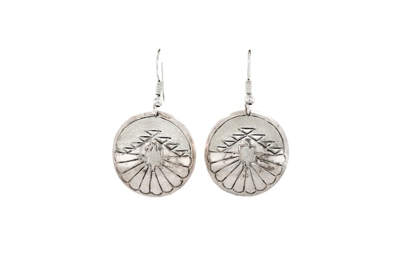 Sterling Silver Tribal Disk Dangle Earrings, Trib… - image 1