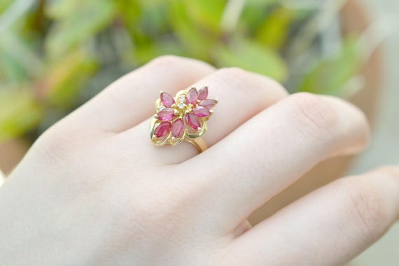 14k Yellow Gold Ruby Cluster Ring, Ruby Jewelry, … - image 2