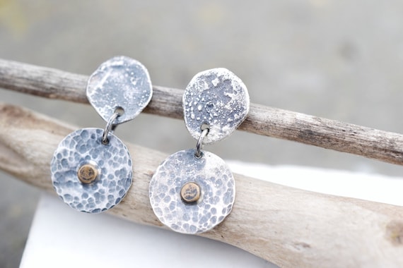 Sterling Silver Copper Disk Dangle Bead Earrings, Mixed Metal Earrings, Silver and Copper Earrings, Copper Disk Earrings, Copper Jewelry
