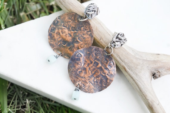 Sterling Silver Copper Disk Dangle Bead Earrings,… - image 1