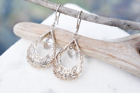 Sterling Silver Dangle Filigree CZ Earrings, Ster… - image 1