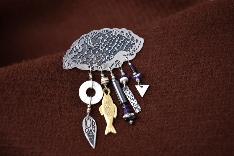 Sterling Silver Rain Cloud Dangle Brooch, Sterling Silver Artisan Dangle Pin, Cloud Jewelry, Beaded Fringe Dangle Brooch, Sterling Cloud image 1