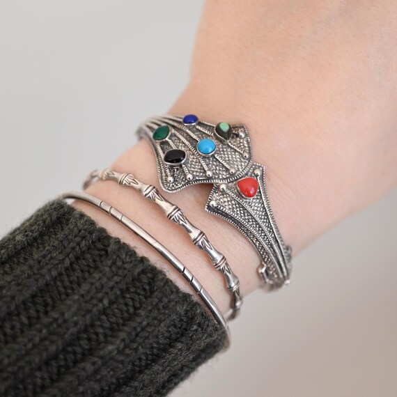 Sterling Silver Thin Patterned Bangle Bracelet, 9… - image 6