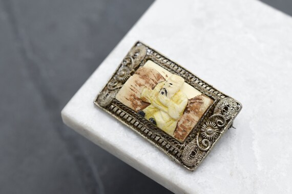 Antique Silver Chinese Export Carved Painted Bone
