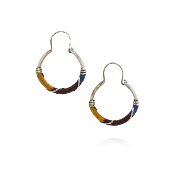 Sterling Silver Colorful Wrapped Hoop Earrings, Boho Hoop Earrings, Simple Sterling Hoops, Tribal Sterling Earrings, Simple Silver Hoops