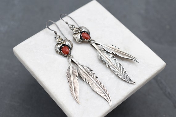 Sterling Native American Dangle Feather Earrings,