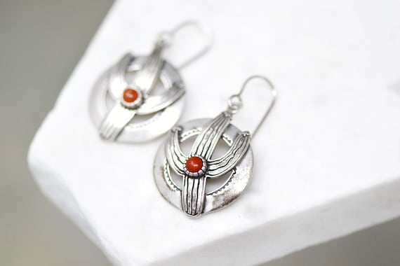 Sterling Silver Coral Cactus Dangle Earrings, Ster