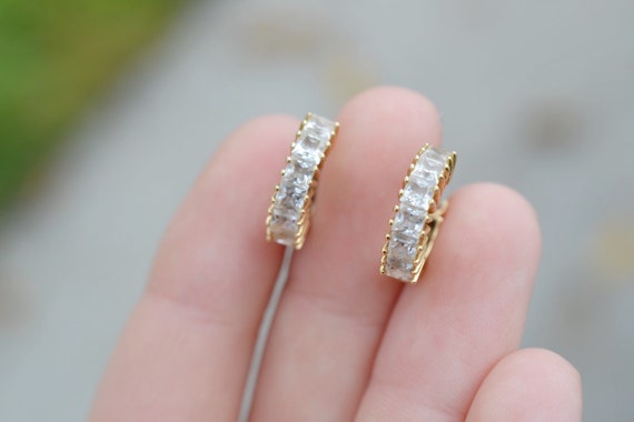 14k Yellow Gold CZ Hoop Earrings, Gold Hoop Earrin