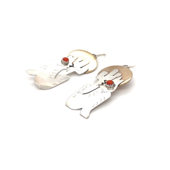 Sterling and Brass Howling Wolf Earrings, Coral W… - image 2