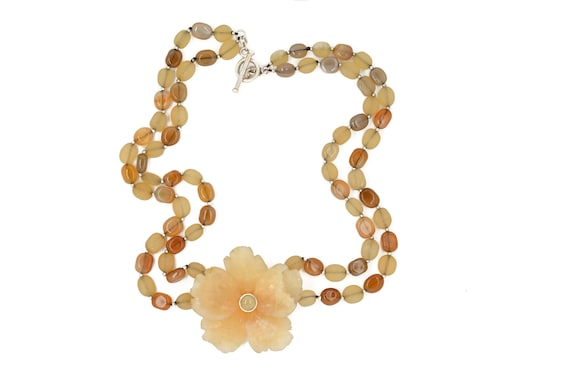 Sterling Silver Carved Agate Flower Necklace, Agate Jewelry, Sterling Agate Necklace, Sterling Gemstone Statement Necklace, Fall Jewelry