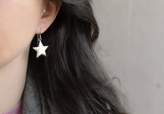 Sterling Silver Puffy Star Dangle Earrings, Sterli