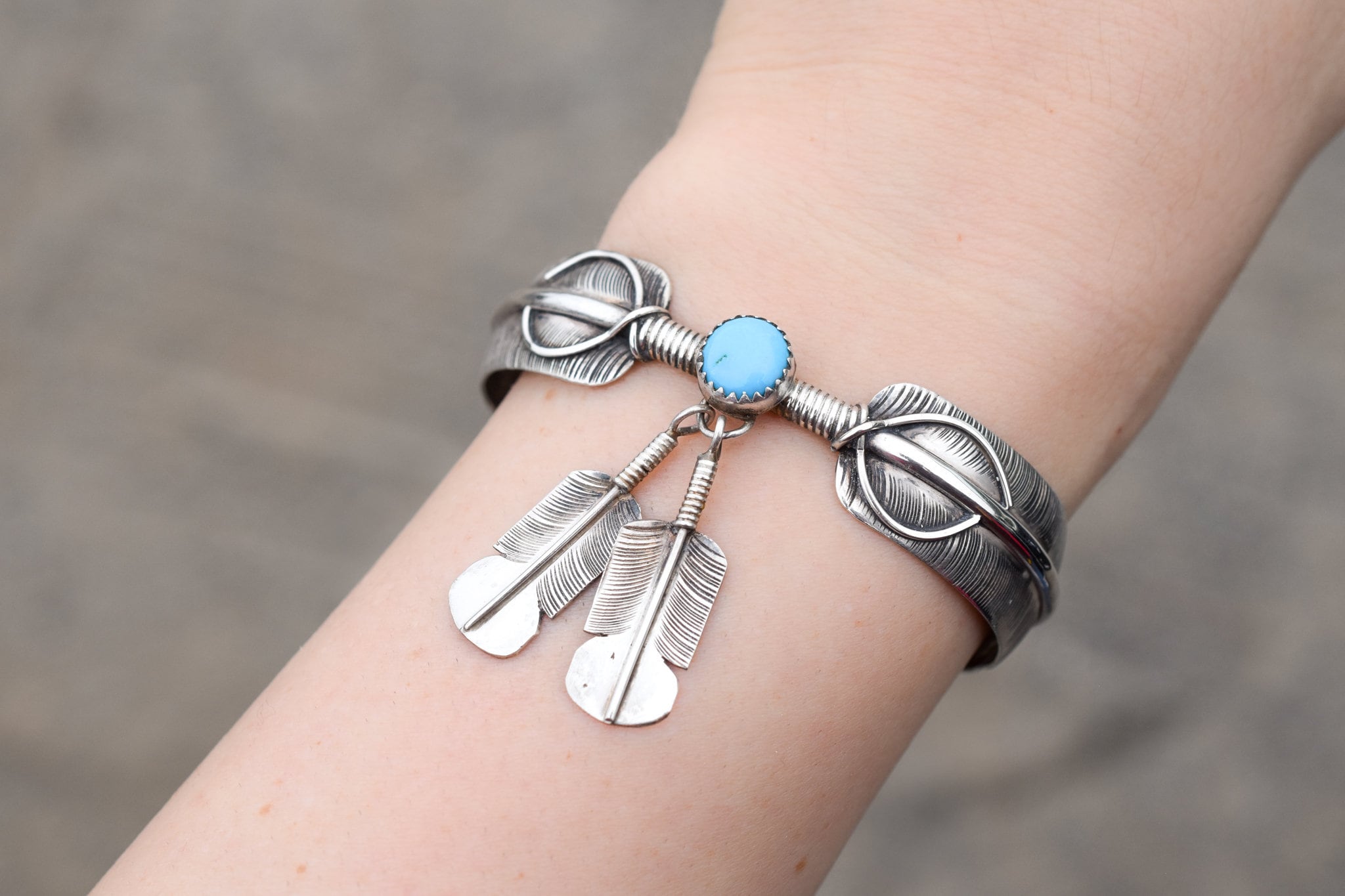 Sterling Silver Turquoise Dangle Feather Cuff Bracelet, Native