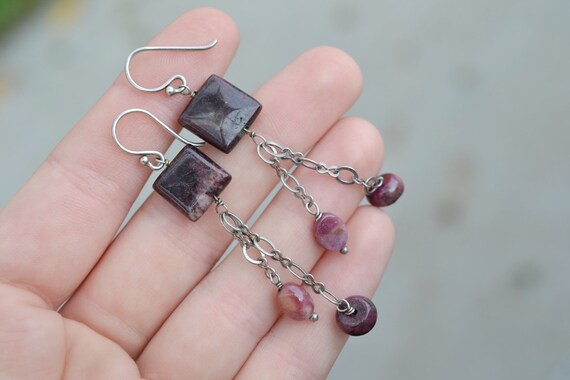 Sterling Natural Ruby Beaded Dangle Earrings, Rub… - image 2